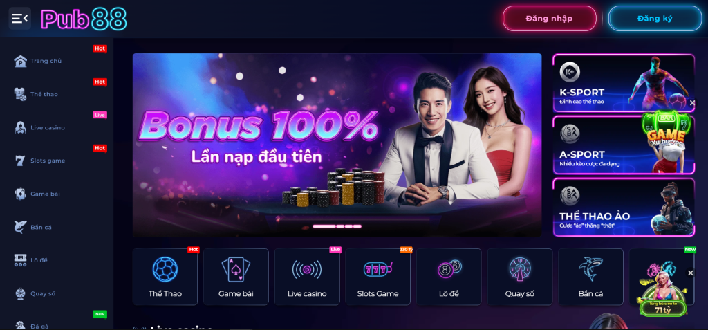 Giao diện chính của trang chủ PUB88 – nền tảng cá cược trực tuyến hàng đầu châu Á với thiết kế thân thiện và chuyên nghiệp