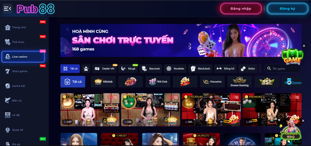 Danh mục trò chơi casino trực tuyến tại PUB88, bao gồm baccarat, roulette và xóc đĩa với dealer chuyên nghiệp